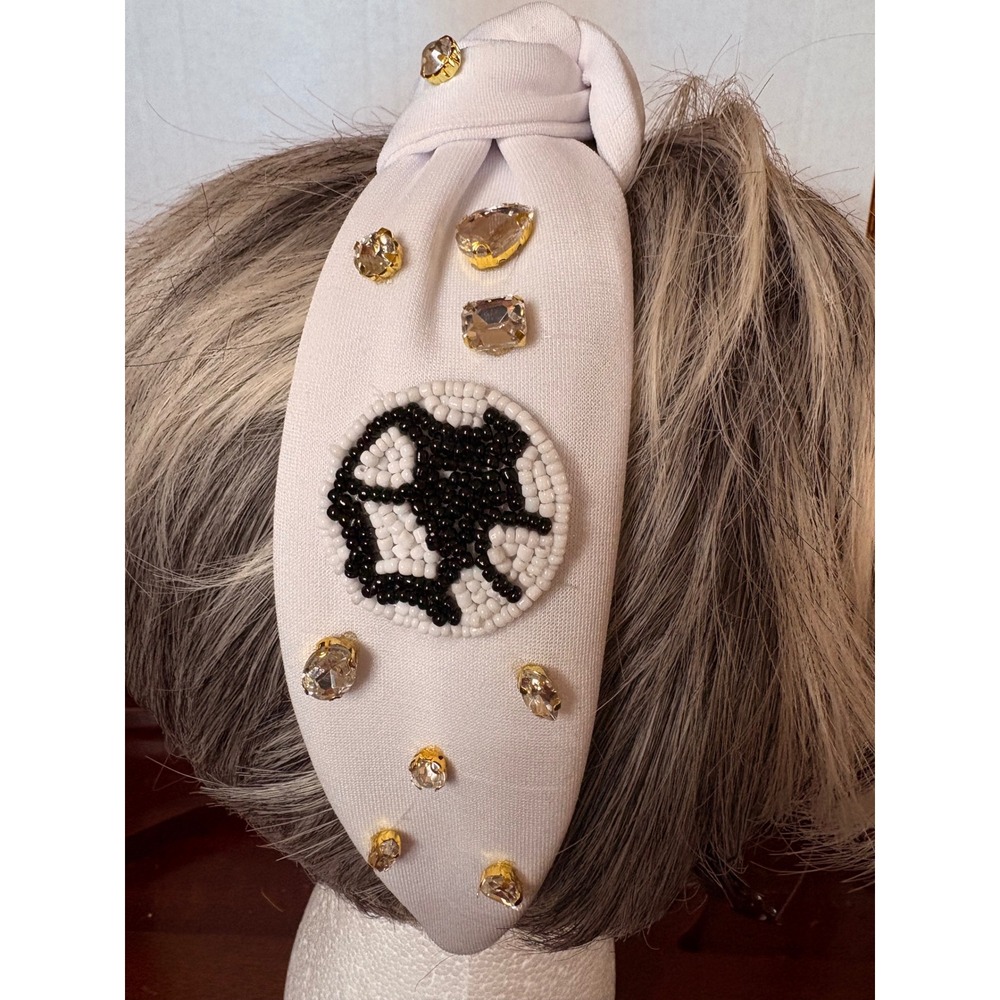 White Knotted Soccer Ball Beaded Headband Rhinestone Embellished Sporty Style